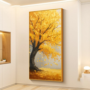 Golden Money Tree Oil <b>Canvas</b> Painting Vertical Framed <b>Wall</b> Art For Entryway Hallway Decor - Product Image 3