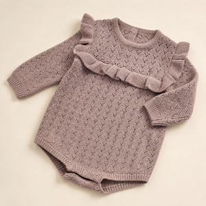 Bajo MOQ, Personalizado, Pelele de punto para recién nacido con ribete de volantes, Body, Suéteres calados para bebé, Ropa de bebé - Product Image 1