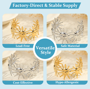 Brazalete de Acero Inoxidable de Alta Gama con Baño de Oro de 18K, Diseño Único de Cara de Sol, Estilo Europeo-Americano, Resistente a la Decoloración, para Mujer, Venta al Por Mayor - Product Image 2