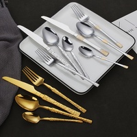 Vente flash Ensemble de couverts en acier inoxydable martelé doré Couteau Fourchette Cuillère Argenté Vaisselle dorée pour mariage