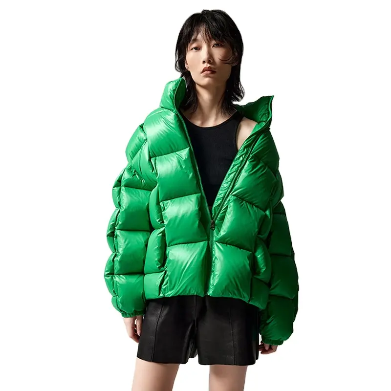 DiZNEW Customized Women Winter Waterproof Puffer Coat Down Bubble Coat Patchwork Thick cropped green Puffer Jackets