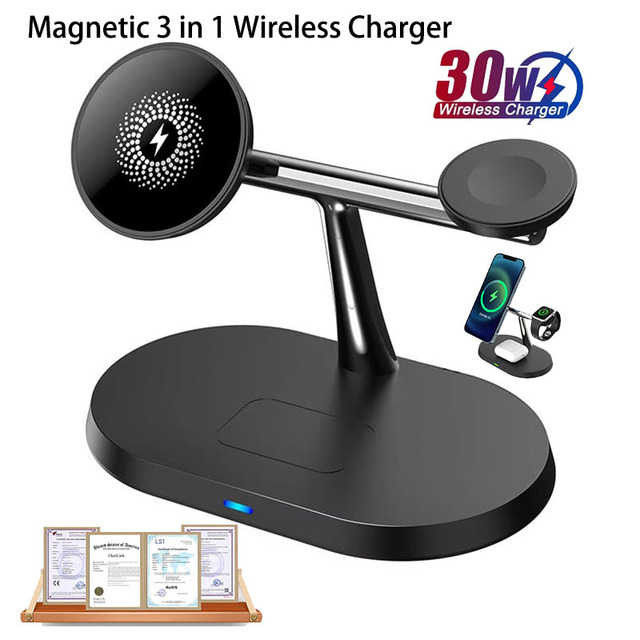 3 in 1 Wireless Charger Stand with Magnetic ROHS Certified Fast Charging for iPhone Vivo and Earphone & Smart Watch