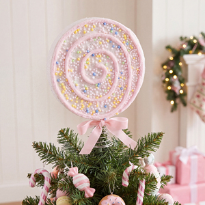 Décoration de sapin de Noël en forme de sucette géante fantaisie, motif tourbillon rose et blanc pailleté, avec base à ressort et nœud en ruban, en plastique, pour chambre d'enfant et fêtes - Product Image 1
