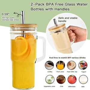 Reusable Boba Cup Smoothie <strong>Tumbler</strong> and Glass <strong>Mason</strong> <strong>Jar</strong> for Bubble Tea and Iced Coffee with Bamboo Lid Stainless Steel Straw - Product Image 5