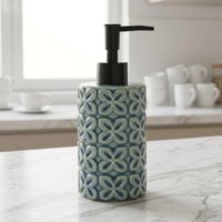 Dispenser Sabun Keramik Motif Bunga Empat Daun Timbul Biru Hijau, Pompa Lotion Dekoratif, Dekorasi Kamar Mandi
