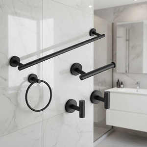 Ensemble d'accessoires de salle de bain en noir mat élégant, style contemporain pour usage résidentiel et hôtelier - Product Image 1