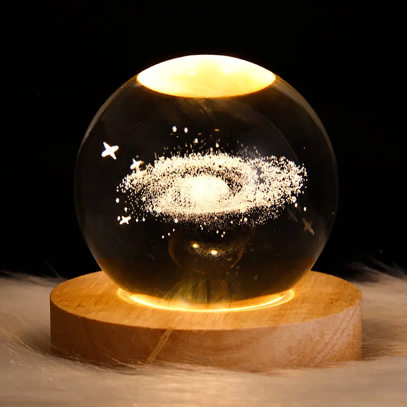 Kerstcadeau 3d Kristallen Bol Houten Basis Zonnestelsel Planeet Led Licht Slaapkamer Tafel Bureau Decoratie Nachtlampje