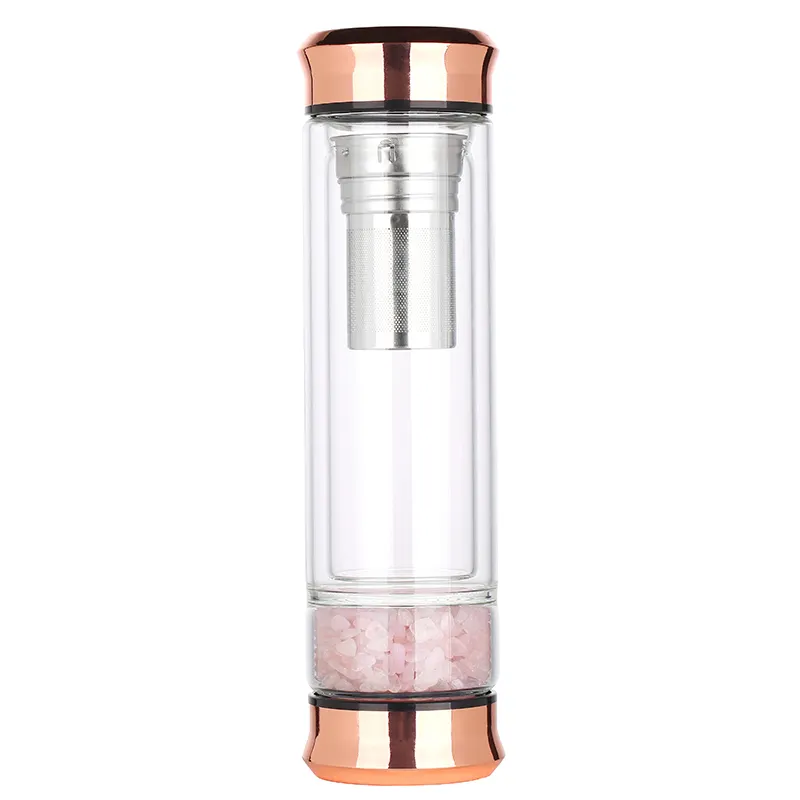 Lose blatt Tee Infuser Kristall Wasser flasche Doppel wandglas für heiße und kalte Getränke mit Rosenquarz Amethyst Chakra Stein