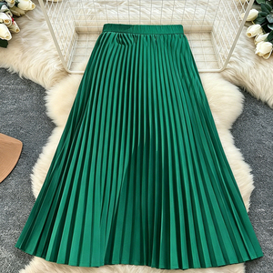 New Solid <strong>Green</strong> Polyester Chiffon High Waist Pleated Midi <strong>Skirt</strong> Plus Size Girls Women Casual <strong>Long</strong> Style for Spring Summer - Product Image 1