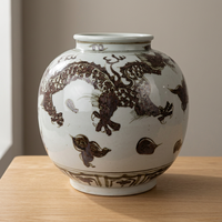 Vase à fleurs en céramique fait main RZOX21-C Art Déco marron et blanc avec motif de dragon peint à la main, 100% fait main