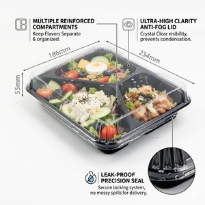 Boîte alimentaire jetable en plastique à 3 compartiments avec couvercle transparent anti-buée, boîte à bento noire <span class=keywords><strong>pour</strong></span> la préparation des repas et les salades - Product Image 1