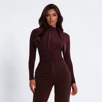 Nouvelle combinaison moulante sexy pour femme, couleur unie, col semi-montant, bretelles plissées, extensible, manches longues