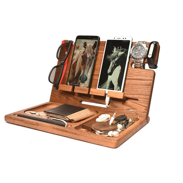 Solid Wooden Key Holder Organizer Bedside Docking Station Wooden Phone Stand and Charging Station