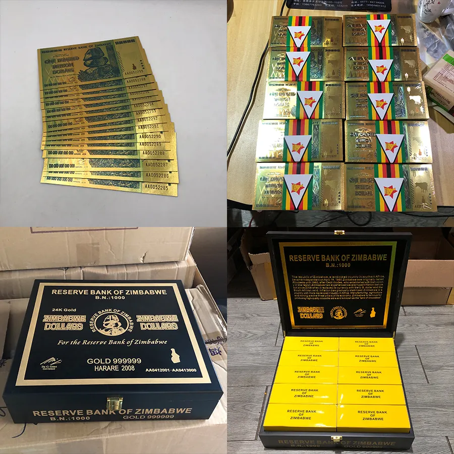 1000 unids/caja corriendo número Zimbabwe 100 billones de dólares de la hoja de oro de billetes con buen caja negra para souvenir colección