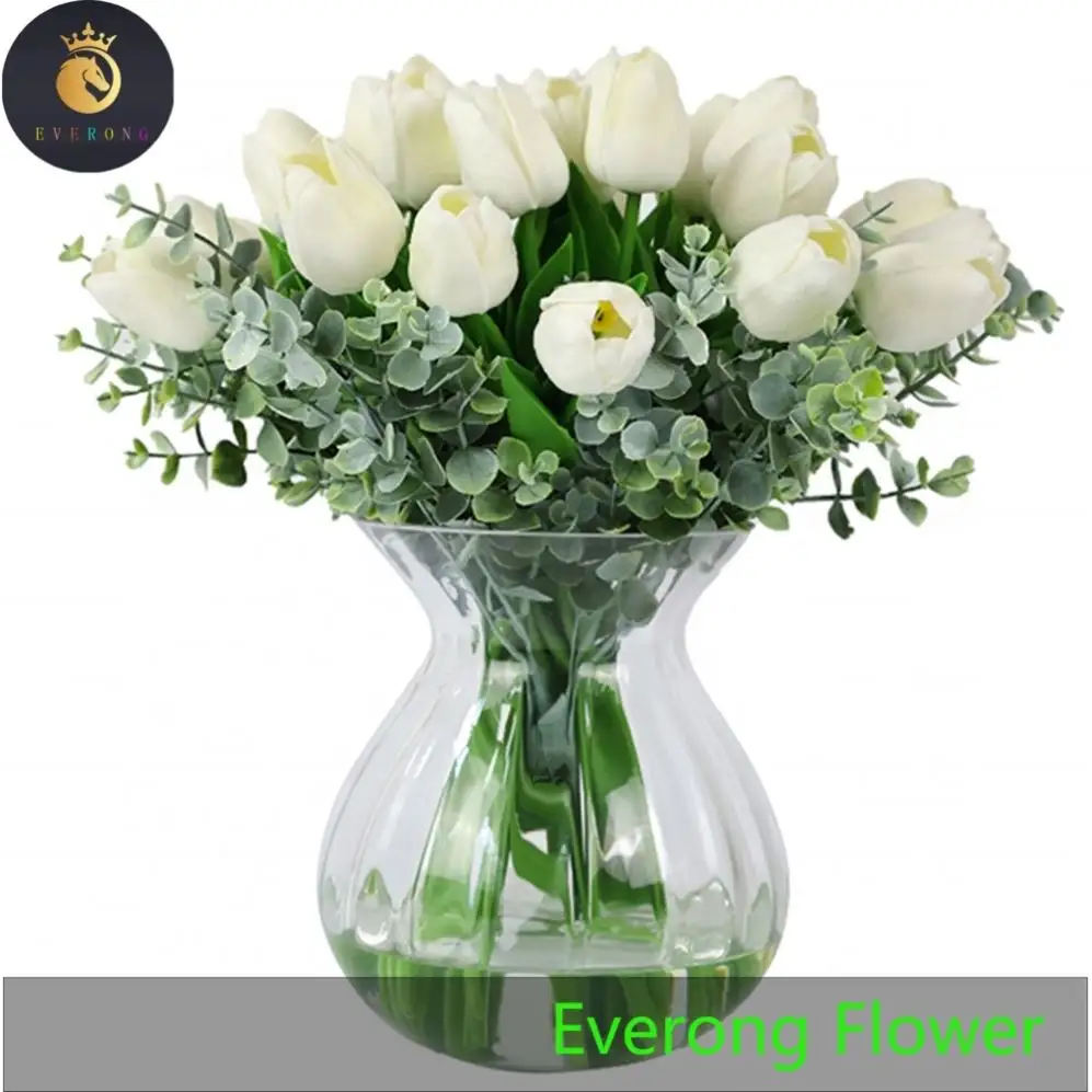 High Quality Customized Artificial Tulip Flower Floral Arrangement With Tube Clear Glass Vase And Water