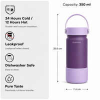 EVEPURE Bouteille isotherme portable en acier inoxydable à double paroi, 350 ml, écologique, anti-fuite, sans BPA, 12-24 heures