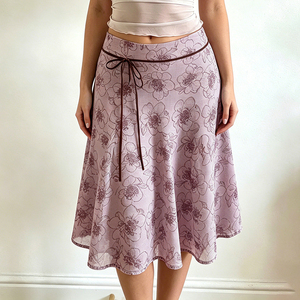 Purple Floral a Line Midi <b>Skirt</b> Breathable <b>Elastic</b> Waist Mesh Detail Bow Tie Casual Flowy for Women - Product Image 1