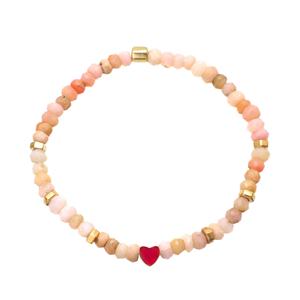 925 Sterling Silver Fine Beaded <b>Bracelet</b> Gold Plated Pink <b>Opal</b> Heart Charm with Pink Enamel Stretch Design - Product Image 1