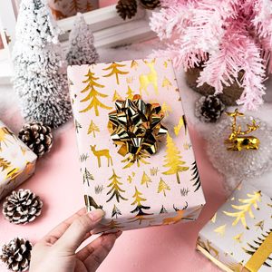 Yarcony Kraft Christmas <b>Wrapping</b> <b>Paper</b> Ivory Gold Foil Tree Deer Theme 17 In X 33 Ft Roll Gift Craft Recyclable - Product Image 4