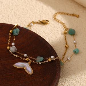 Tobillera de Doble Capa con Diseño de Cola de Ballena en Turquesa, Chapada en Oro de 18k, Joyería de Moda, <span class=keywords><strong>Tobilleras</strong></span> de Acero Inoxidable para Mujer - Product Image 5