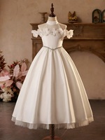 Nouvelle Robe de Princesse en Dentelle Unie pour Filles, Blanche, avec Fleurs en Relief, Col Halter et Épaules en Satin, ODM, Été pour Enfants