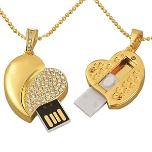 Hot Sale Jewelry usb flash drive Heart Shape Fashion necklace usb stick 3.0 16GB 32GB 64GB silver, gold pen drive for women