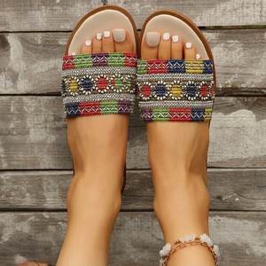Sandalias Planas Étnicas para Mujer con Cuentas, Diseño de Bloques de Color y Costuras, Ligeras, para Uso Diario en Exteriores, Beige, Azul, Floral - Product Image 4