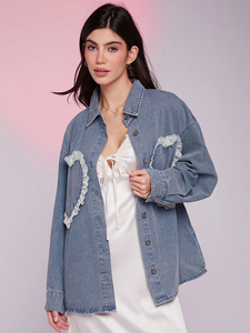 Chemisier en jean chic pour femme, style européen, avec motif diamant et dentelle florale, collection automne - Product Image 1