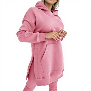 <b>Women's</b> Pink Hooded Long Sleeve <b>Sweatshirt</b> <b>Dress</b> With Pockets Loose Fit Casual Wear All Seasons Knitted Fleece Material - Product Image 3