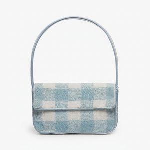 กระเป๋าถือทรงสี่เหลี่ยมผ้าลายตารางสีน้ำเงินคุณภาพสูงประดับลูกปัด เหมาะสำหรับผู้หญิง ใช้สะพายไหล่  ตกแต่งด้วยลูกปัดเม็ดเล็ก  สำหรับงานแต่งงานในฤดูร้อน - Product Image 1