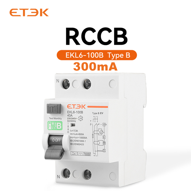 ETEK EKL6-100B 300mA Type B RCD 230V Earth Leakage Circuit Breakers RCCB Residual Current 2P 40A/63A Miniature Circuit Breakers