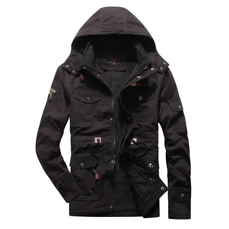 TOP GEAR Men black Winter Casual Warm Thick Fleece Bomber Jacket Men Hooded Jacket Windbreaker