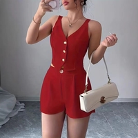 Ensemble deux pièces décontracté pour femme : gilet sans manches col en V haut de gamme et short taille haute uni en polyester/coton pour l'été