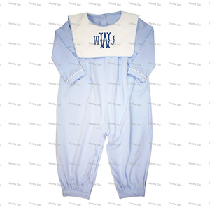 Conjunto de regalo para Recién Nacido 100% algodón cuello Peter Pan Otoño Invierno ropa de bebé vestidos al por mayor 0-12 <span class=keywords><strong>meses</strong></span> conjuntos de mameluco con monograma - Product Image 5