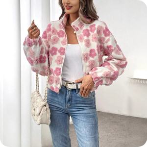 Chaqueta de Forro Polar de Alta Calidad para Mujer, para Invierno, Mangas Largas y Cuello Alto, Patrón Floral Jacquard, Venta al Por Mayor - Product Image 1