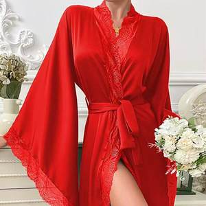 Nueva Ropa de Dormir de Lujo en Satén de Manga Larga con Bata Elegante y Ribete de Encaje - Product Image 6