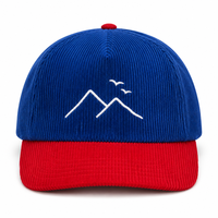 Casquette 5 panneaux non structurée en velours côtelé bleu avec bord rouge contrastant, logo brodé personnalisé, pour les vendeurs de marchés aux puces