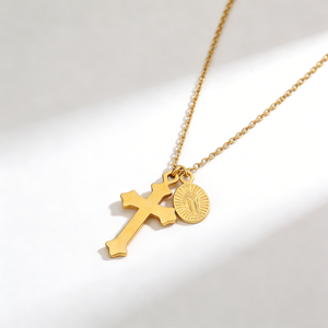 Bijoux religieux chrétiens, collier avec pendentif croix crucifix Vierge Marie Jésus, chaîne à maillons, acier inoxydable doré, couleur or rose - Product Image 4