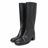 Bottes en cuir noir sur mesure pour femmes, hauteur genou, bout carré, talon bloc, style équestre, petite quantité minimale de commande, vente en gros, usine de chaussures OEM