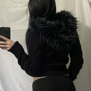 Abrigo de Punto con Capucha y Cremallera con Ribete de Piel para Mujer, Chaqueta de Suéter Informal Retro de Color Sólido, Ropa de Abrigo de Moda Urbana Y2K - Product Image 3