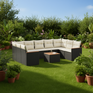 Conjunto de Sofás de Jardín para Exteriores en Ratán Sintético Negro con Cojines Color Crema, Diseño Contemporáneo, Resistente al Agua, para Uso en Patio - Product Image 2