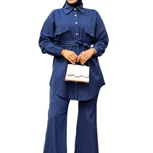 Wholesale Abaya Muslim Dress Islam Clothing Abayas For Women Kaftan Caftan Prayer Clothes Striped Double Hijab Shirt Suit Blue