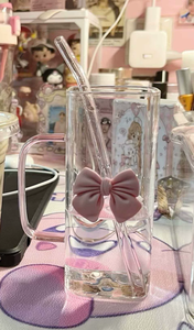 Cute Double <b>Bow</b> Square Glass Tumbler with Handle Straw Heat Resistant Elegant Female Style Glass Cup for Office Daily <b>Gifting</b> - Product Image 5