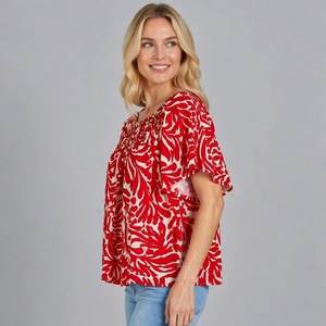 Blusa Bohemia con Estampado de Hojas Rojas para Mujer, Cuello Elástico Fruncido, Manga con Volantes, Lino Viscosa, Ropa de Resort, <span class=keywords><strong>Top</strong></span> a Juego - Product Image 3