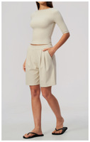 2-delig dames yoga gym set met 3/4 mouwen, geplooide short met zakken, zachte stretch workout gym kleding set