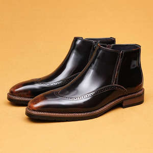 Chaussures d'affaires en cuir gaufré pour hommes, finition brillante en cuir véritable, bout pointu anglais, couvre-pieds en cuir de vache, bottines courtes - Product Image 4