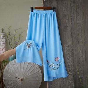 White And Sky Blue Chiffon Embroidered <b>Skirt</b> <b>Elastic</b> Waist Women's Casual Pants - Product Image 4