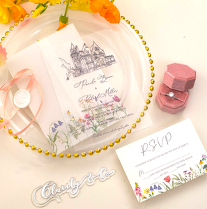 Invitations <span class=keywords><strong>de</strong></span> <span class=keywords><strong>mariage</strong></span> en acrylique clair <span class=keywords><strong>de</strong></span> charme avec carte RSVP en vélin <span class=keywords><strong>de</strong></span> fleur Couples modernes ensemble d'invitations spéciales <span class=keywords><strong>de</strong></span> <span class=keywords><strong>mariage</strong></span> - Product Image 1