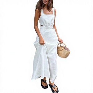 Vestido maxi blanco sin mangas con cuello cuadrado y aberturas, corte holgado, dobladillo asimétrico, de algodón, informal, para verano. - Product Image 3