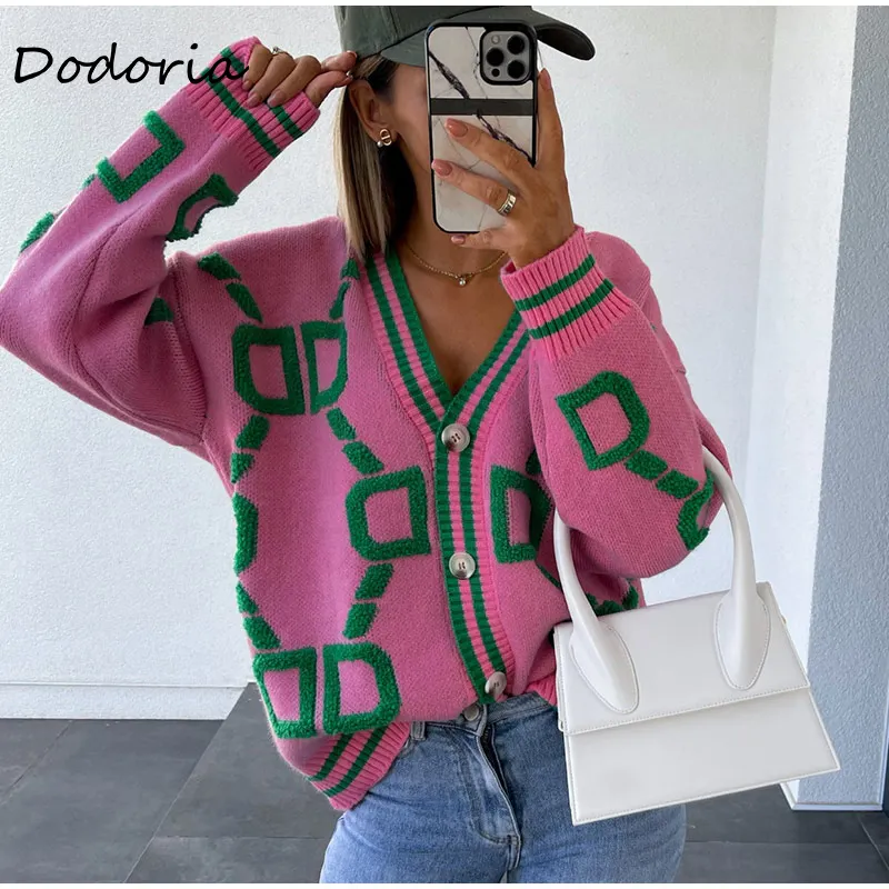Women Cardigan Green Striped Pink Knit Button Lady Cardigans Sweaters V-neck Loose Casual Winter Fashion Knitted Coat